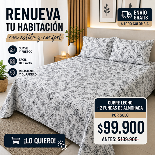 Cubre lecho + dos fundas para almohada